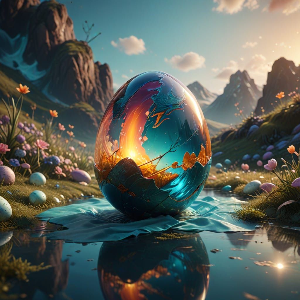 Surreal Glass Easter Egg Masterpiece in Dreamlike Landscape