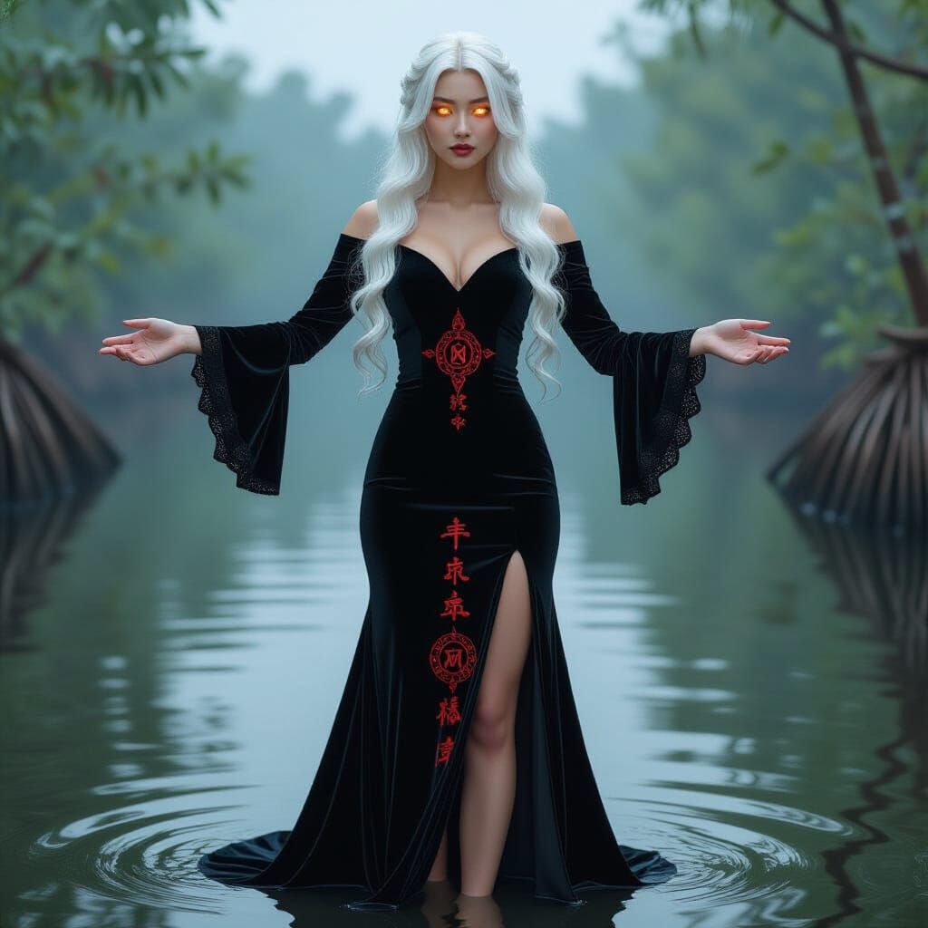 Mystic Sorceress Levitates in Enchanted Swamp