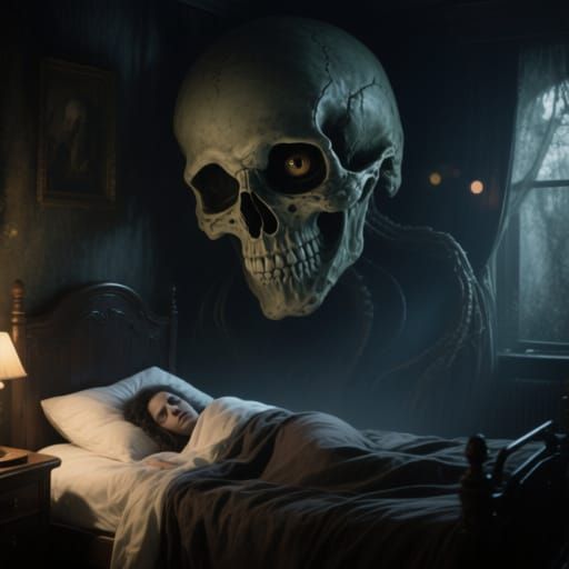 Giant Spider Watching Sleeper in Dark Bedroom