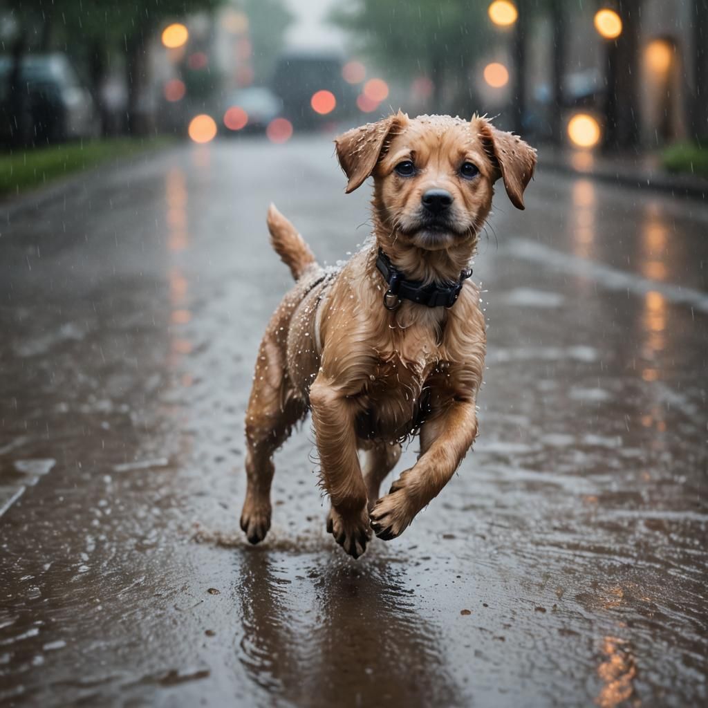 Sad Puppy Running in the Rain: Professional Photography
