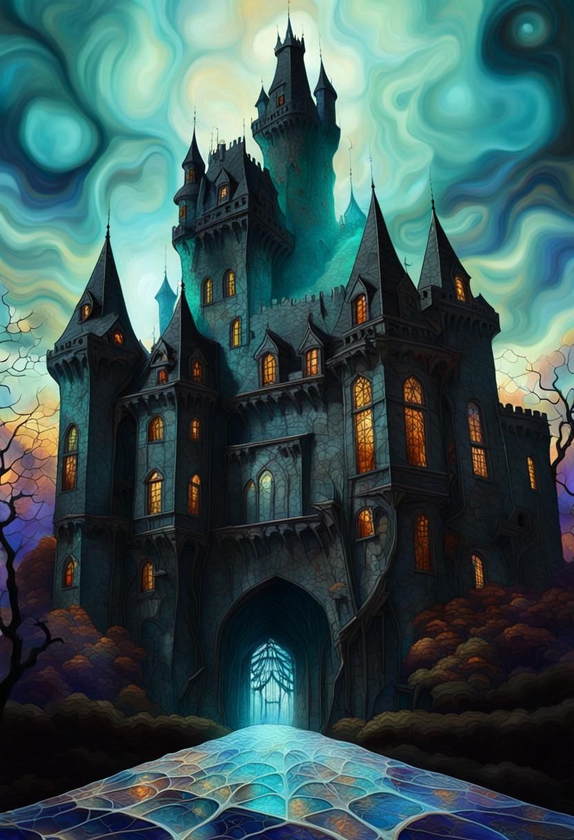 Haunted Castle in Tiffany Stained Glass Style