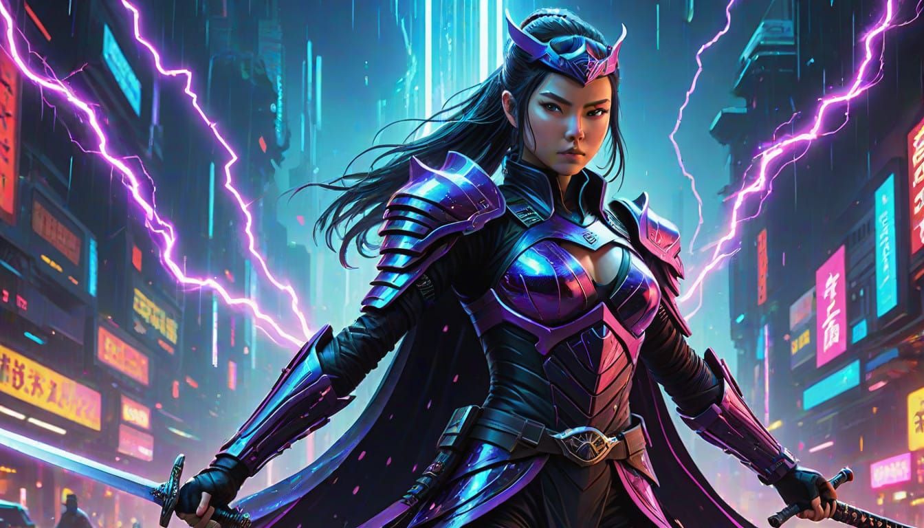 Ethereal Princess Ninja Hero in Neon Digital Abstraction