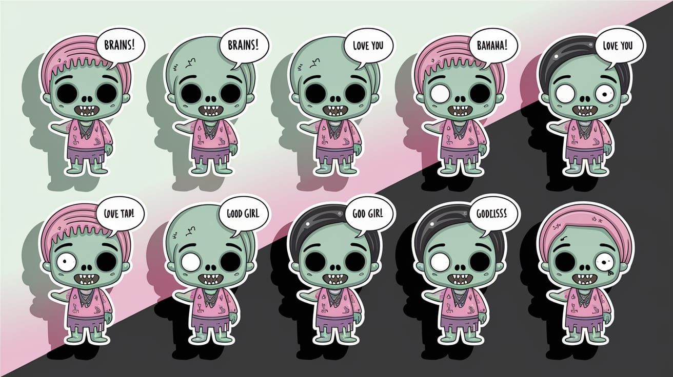 a canvas featuring nine Zombie chibi-style stickers in various decayed outfits, poses, and expressions.