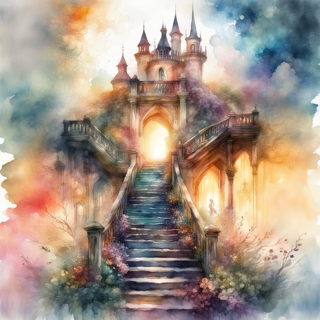 Sunset Summerscape Staircase to Magical Castle