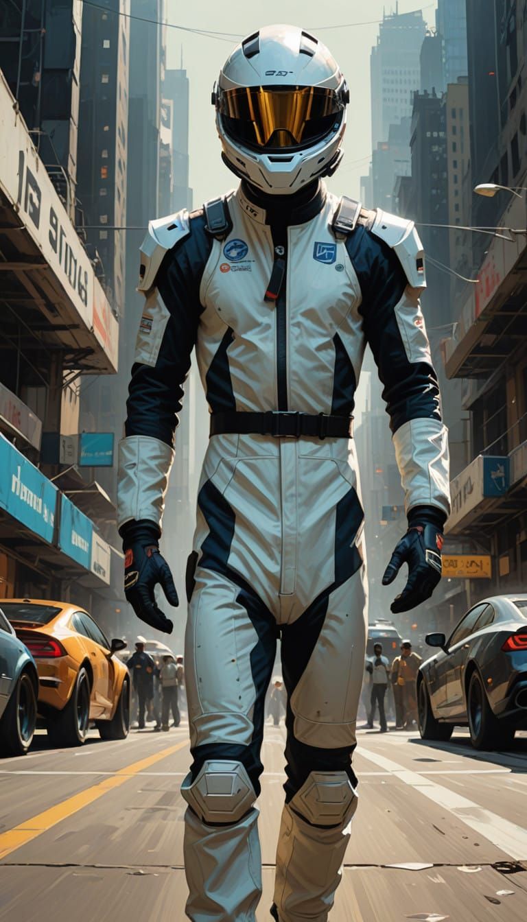 Confident Racer Stands Tall, Helmet in Hand, in Futuristic S...