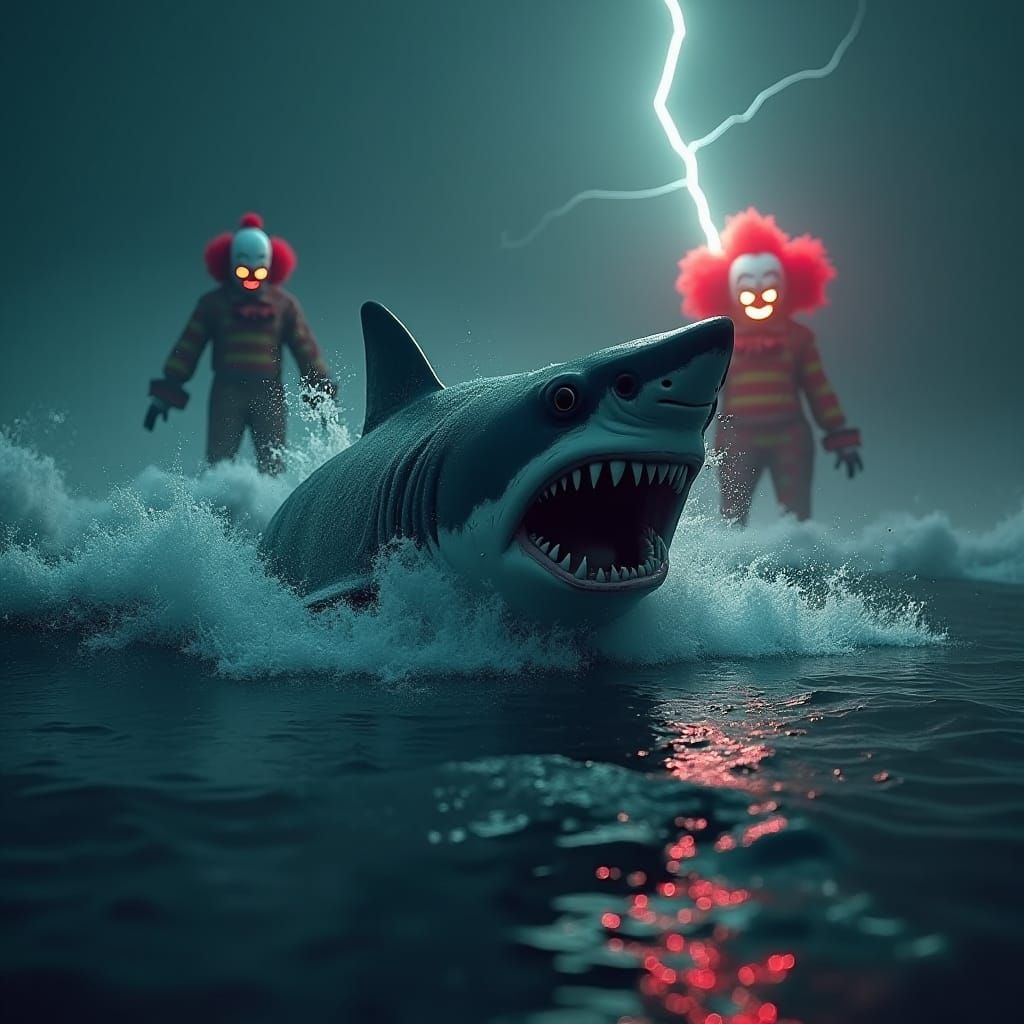 Menacing Shark and Sinister Clown in Ominous Storm