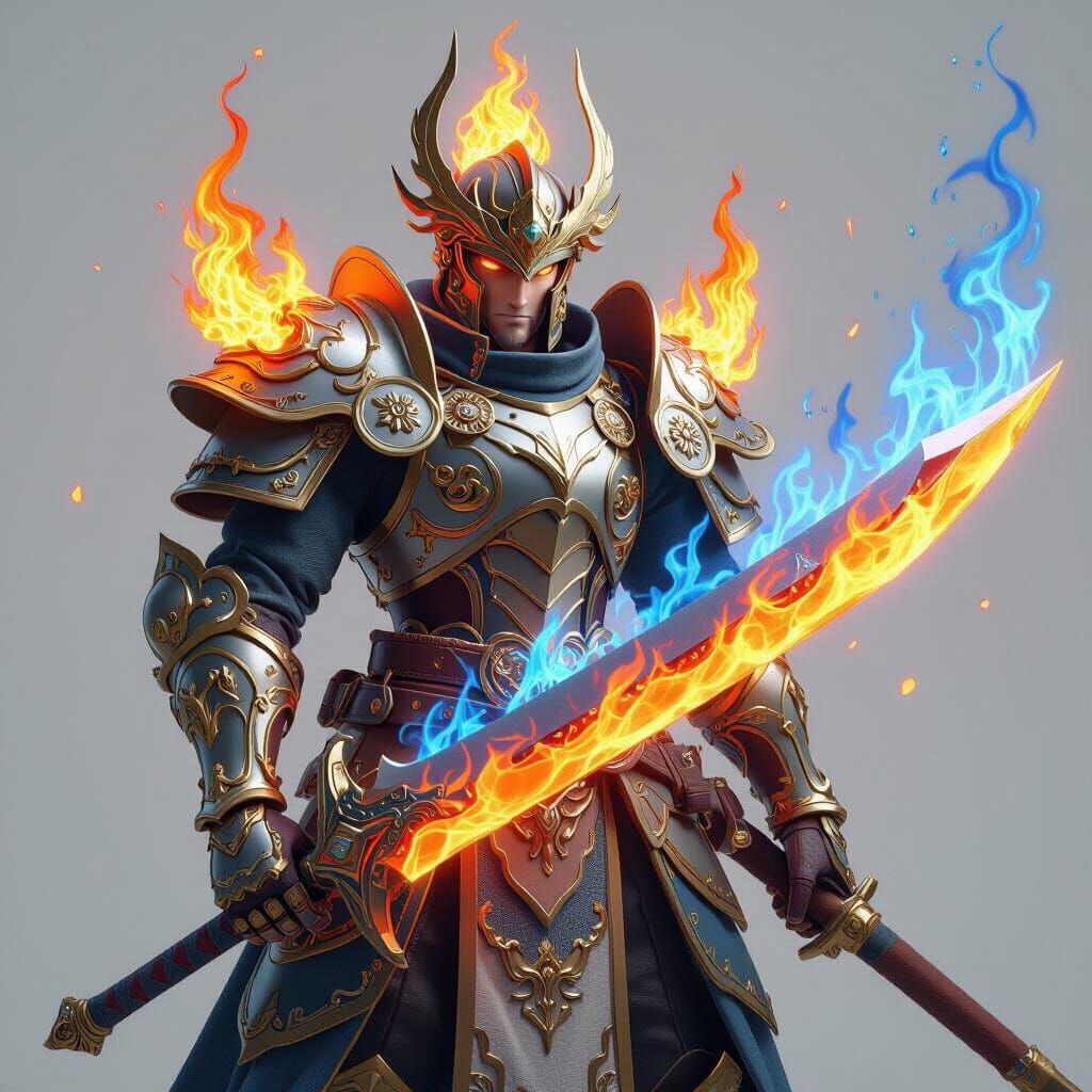 Anime Paladin Wields Flaming Sword in 3D Render