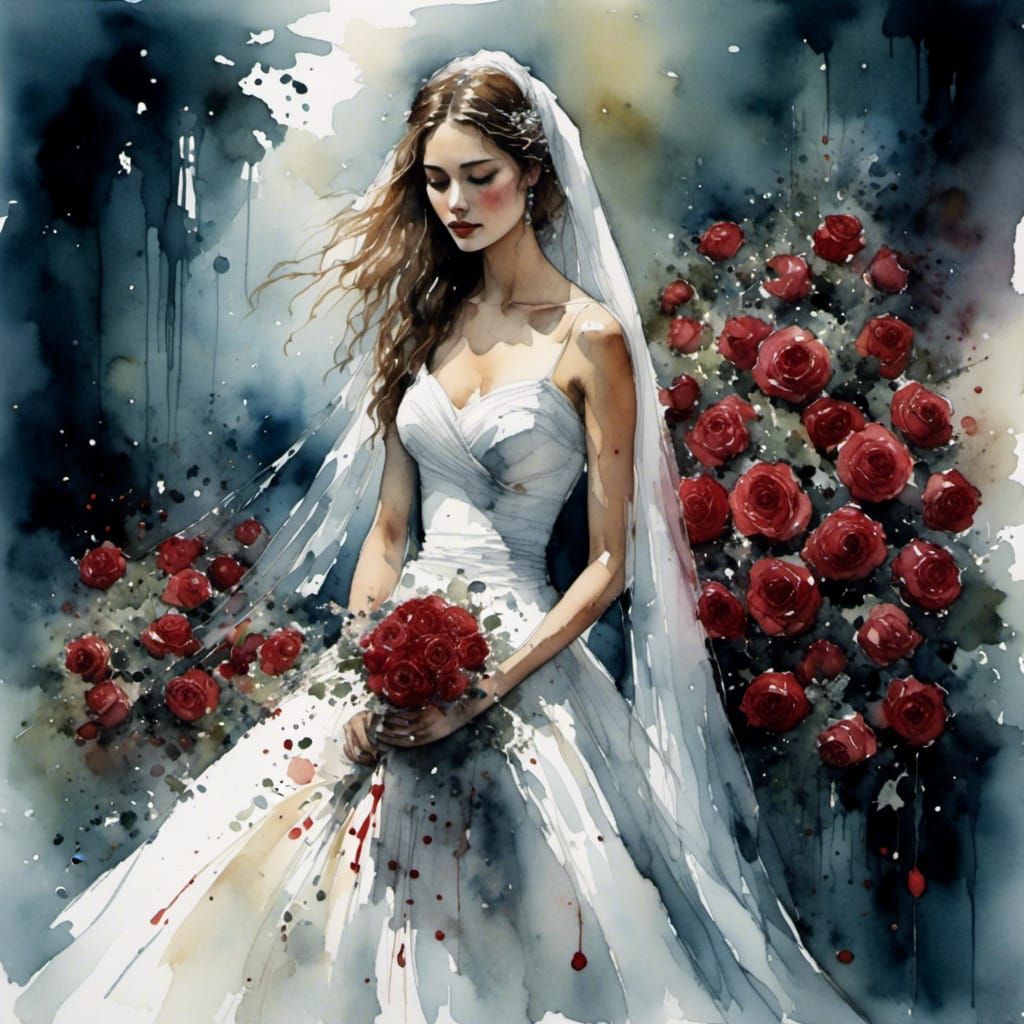 Bride with Red Roses in Chiaroscuro Ink