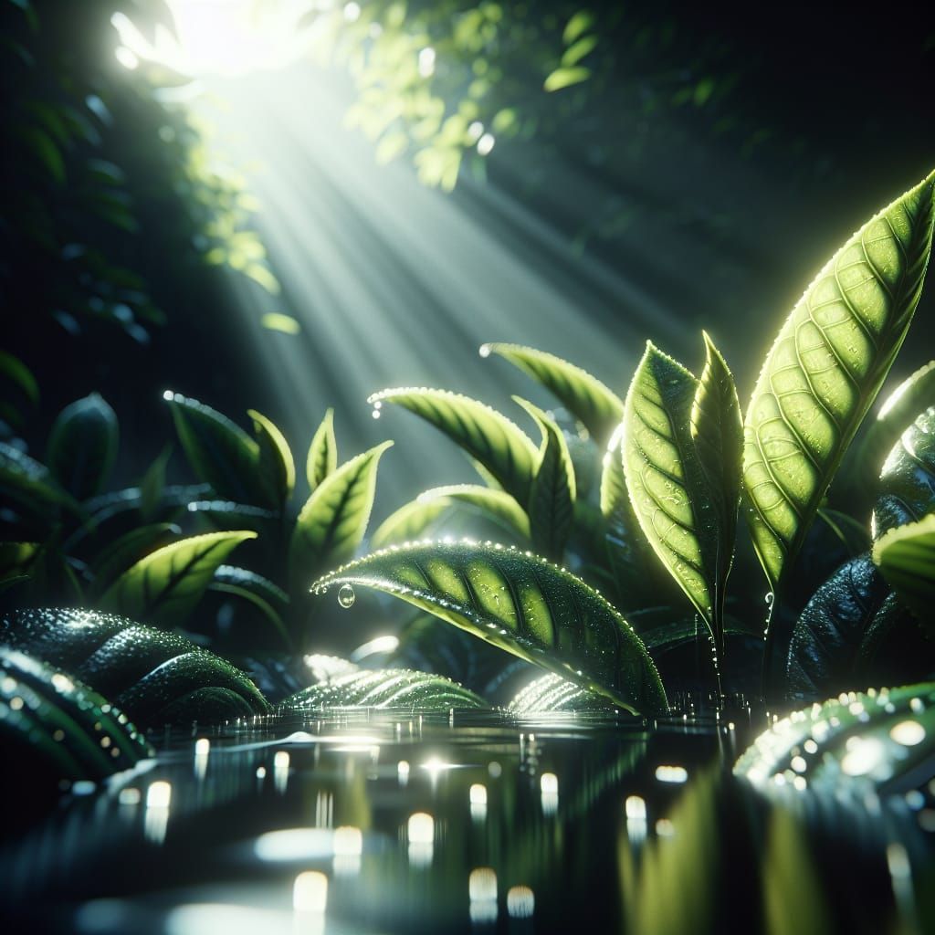 Fresh Green Tea Leaves in Matte-Style Digital Art