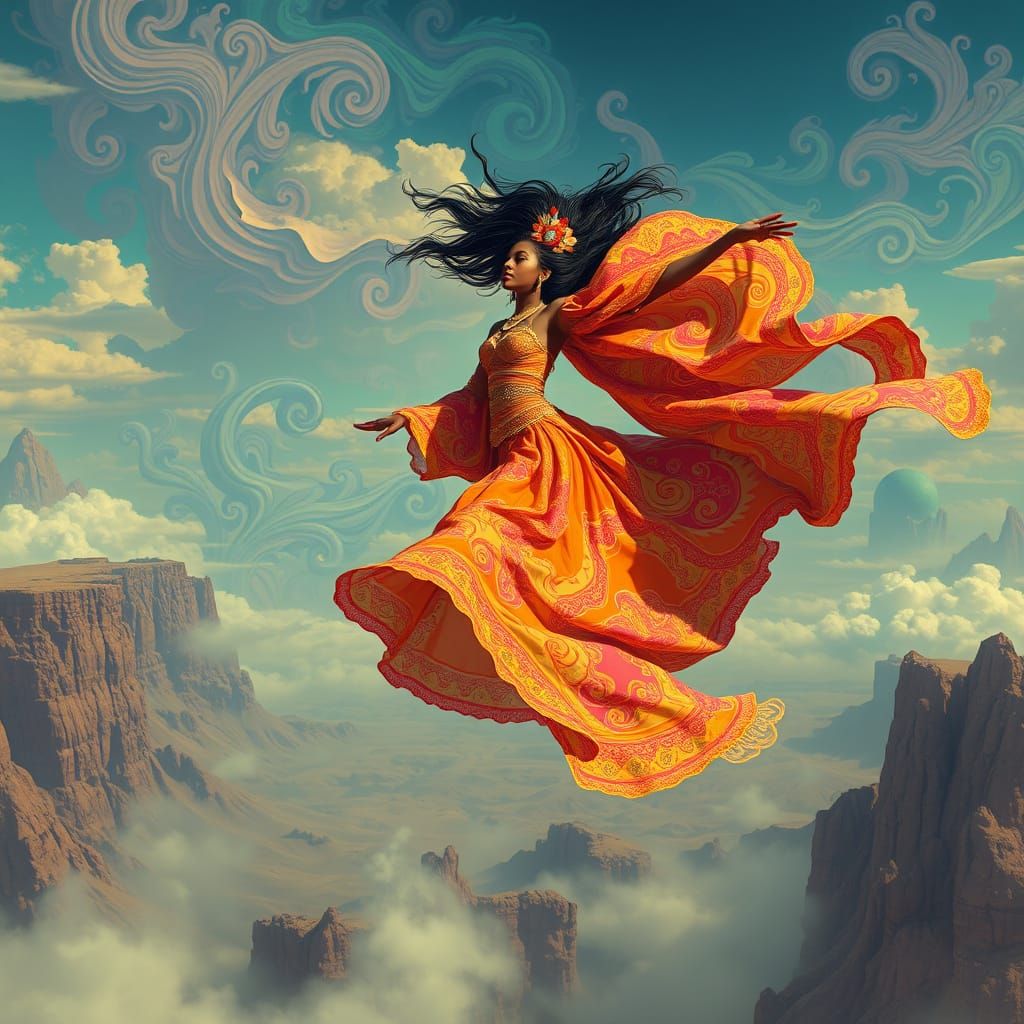 Ethnic Woman Soaring Through Surreal Landscape