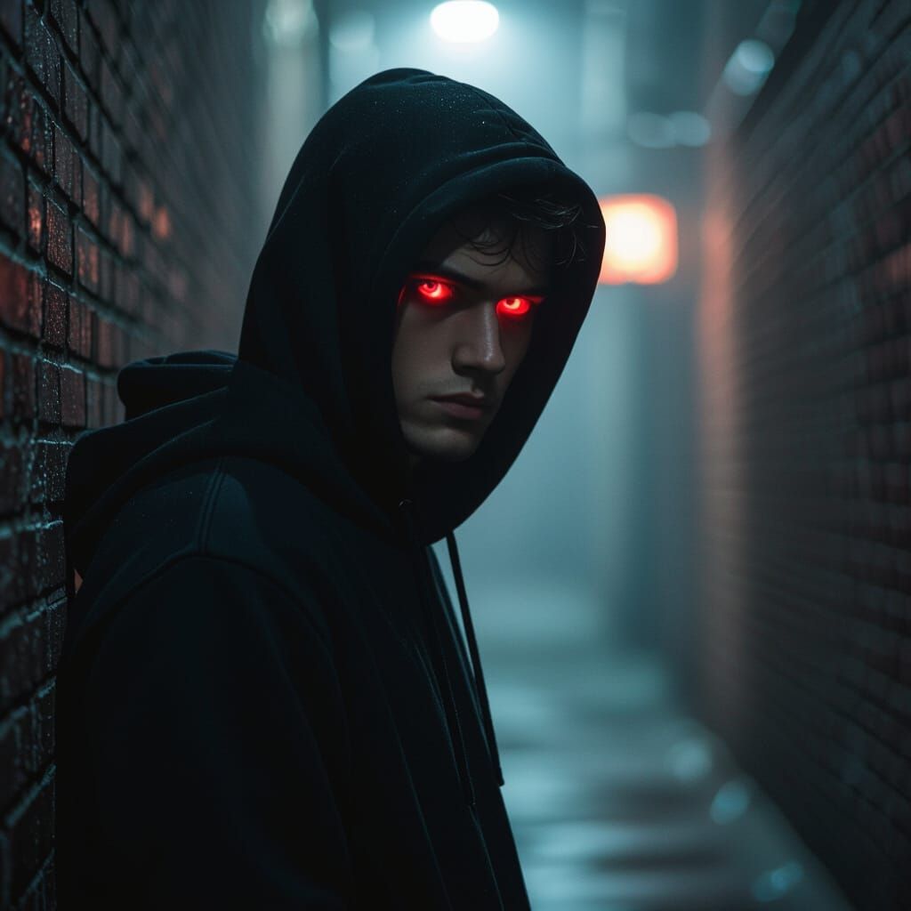Mysterious Man with Red Eye in Dark Alleyway