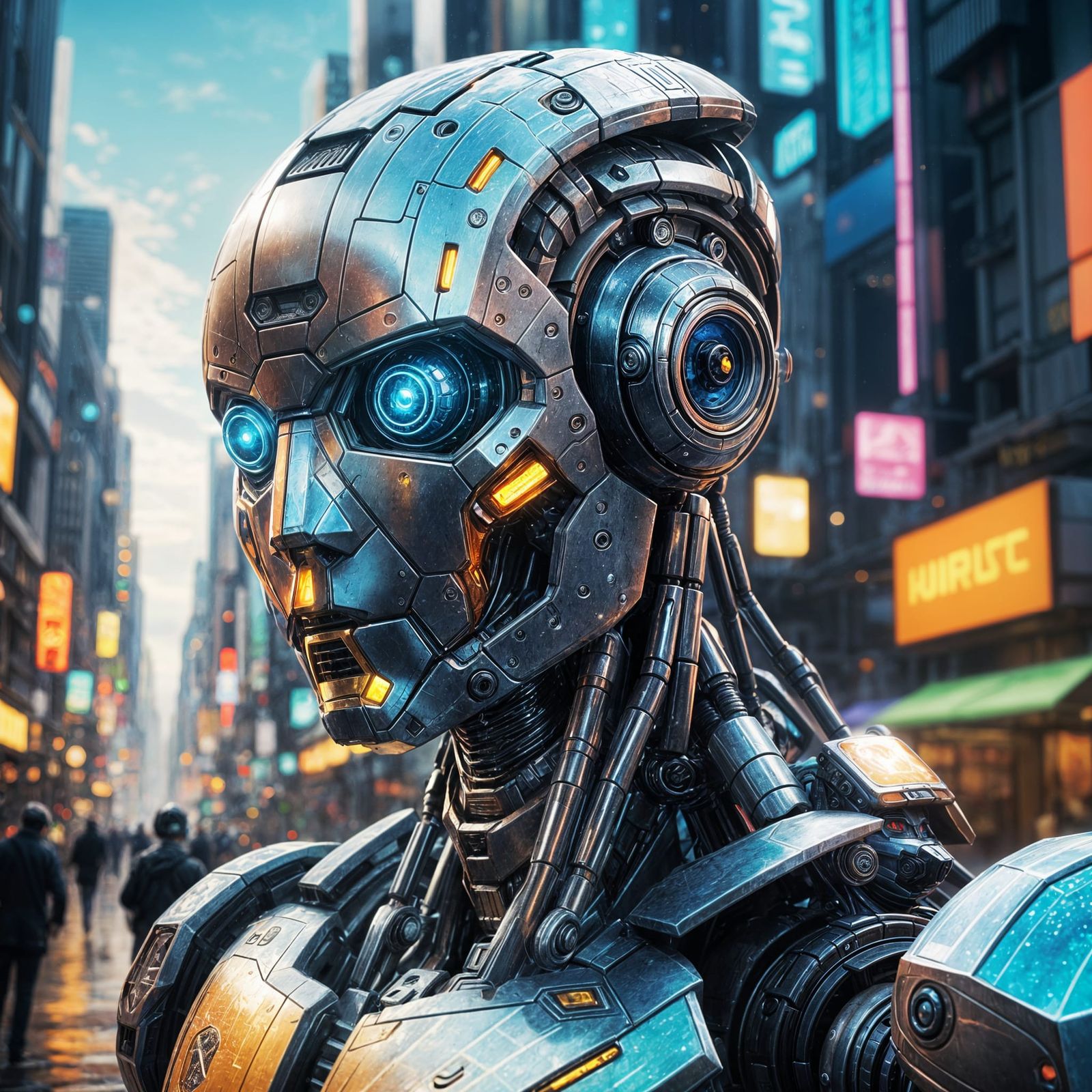 Hyperrealistic Robot in Futuristic City