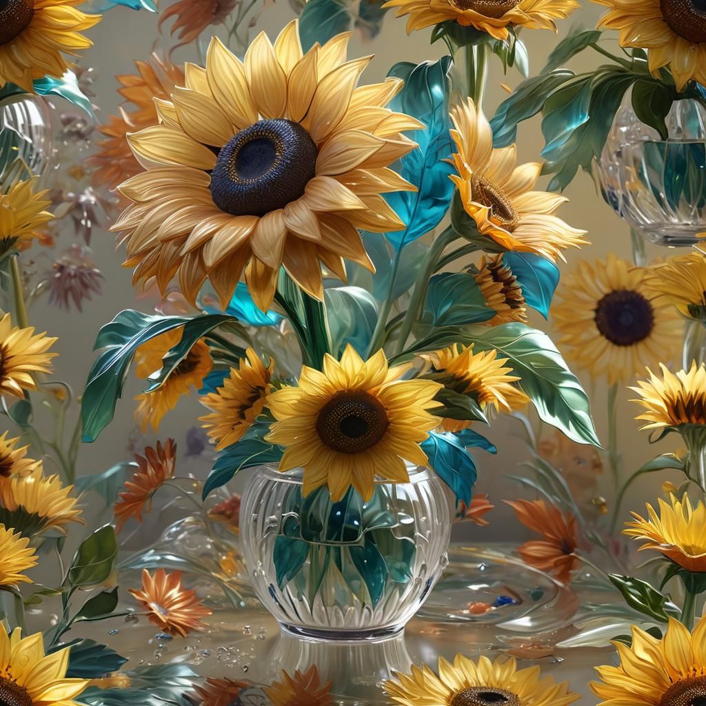 Glass Sunflower Bouquet in Crystal Vase: Hyperrealistic Art