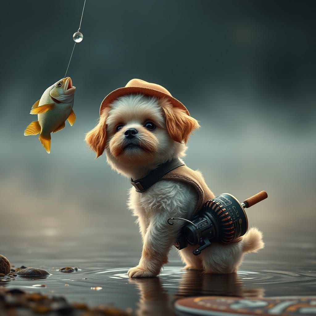 Playful Puppy Catches Fish in Hyperrealistic Scene
