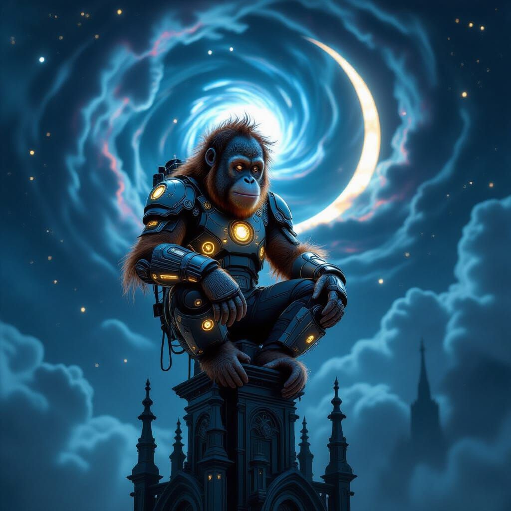 Cyberpunk Orangutan on Gothic Spire
