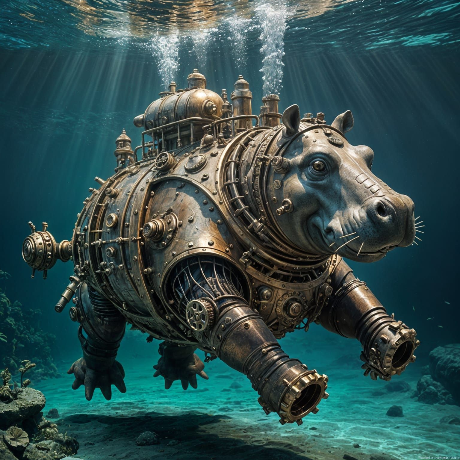 A steampunk hippopotamus swimming underwater