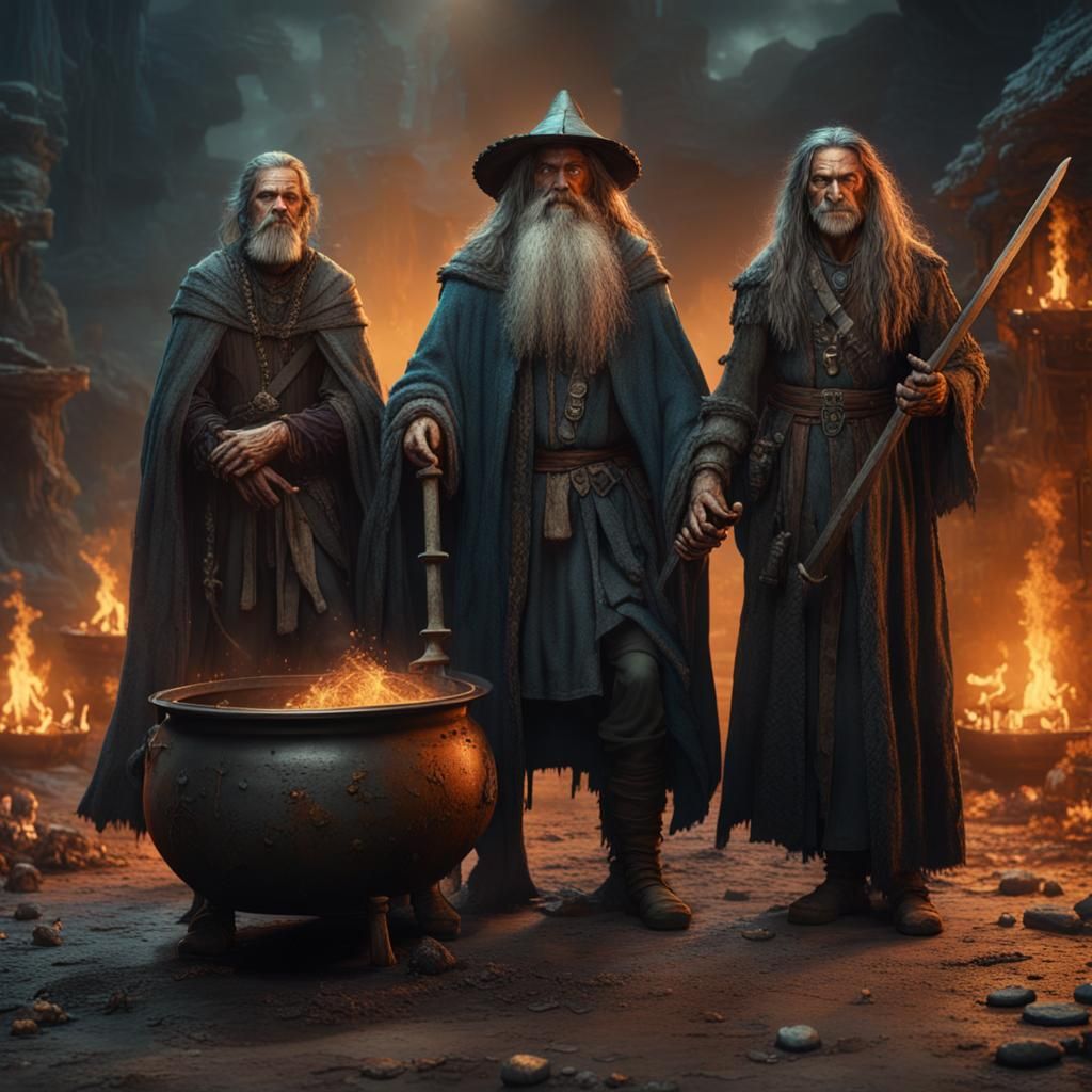 Witches and Medieval Man Around Cauldron