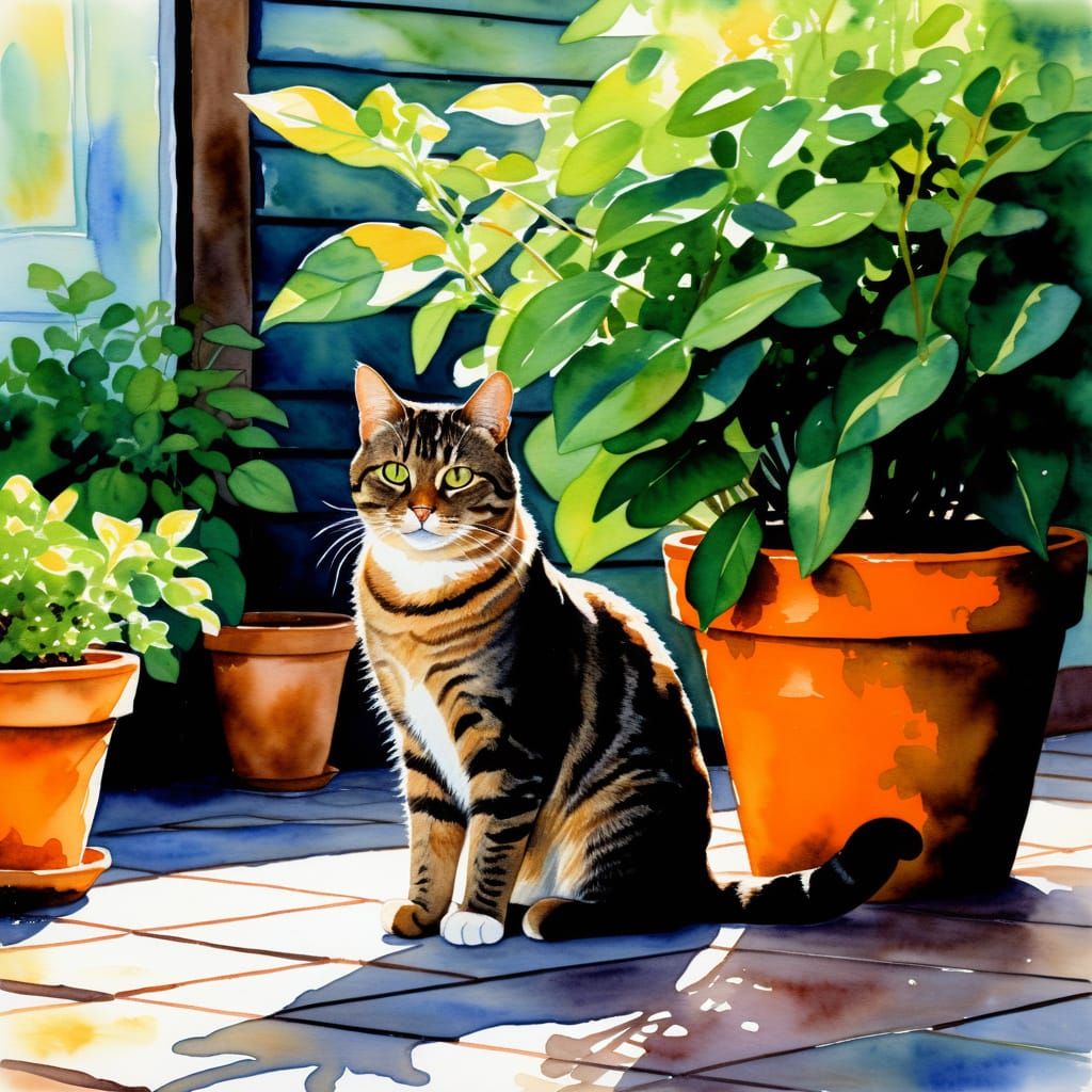 Impressionist Tabby Cat in Lush Patio Garden