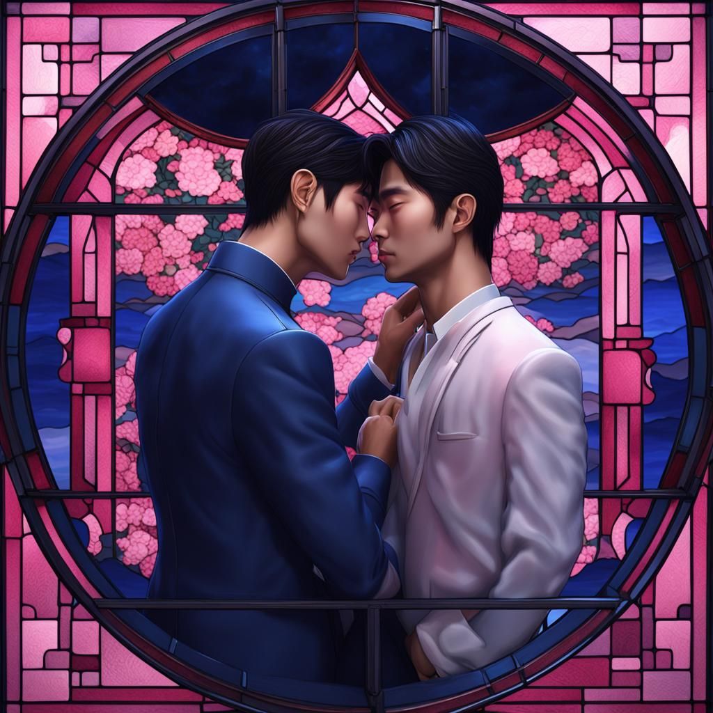 Two Asian Men in Love, Elegant Bedroom, Digital Art