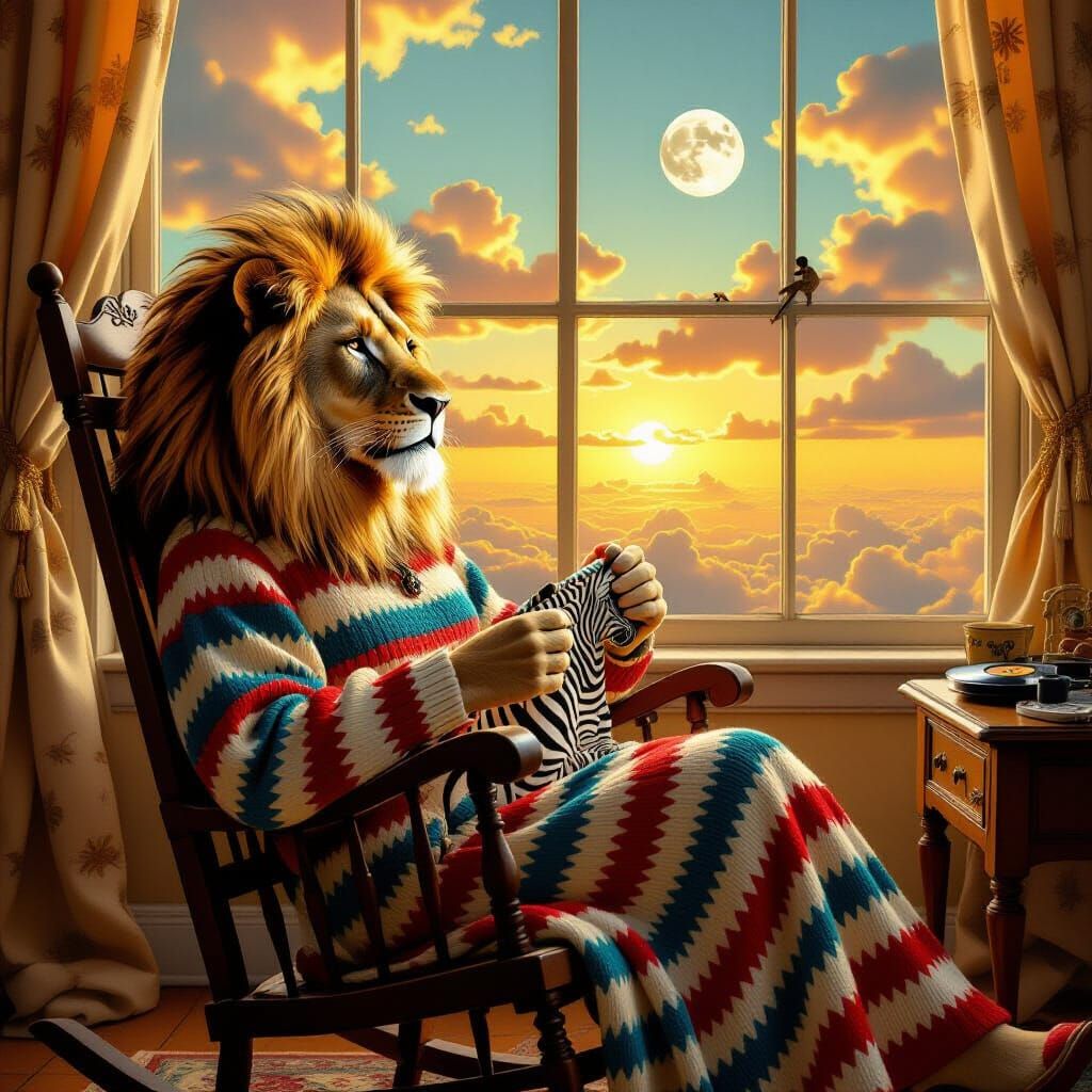 Surreal Lion Lady Knitting a Zebra Sweater