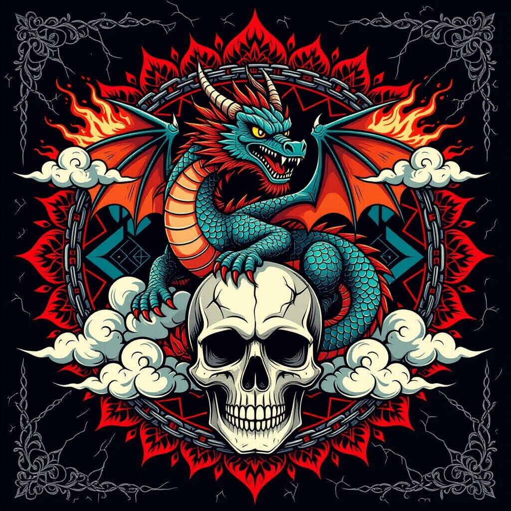 Dragon and Skull Tribal Tattoo Design with Mandalas