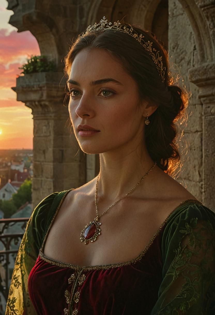 Medieval Lady on Balcony at Sunset in Photorealistic Style