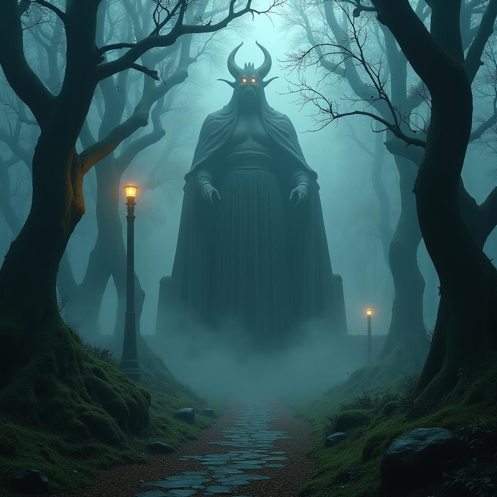 Mysterious Forest with Ancient King Statue