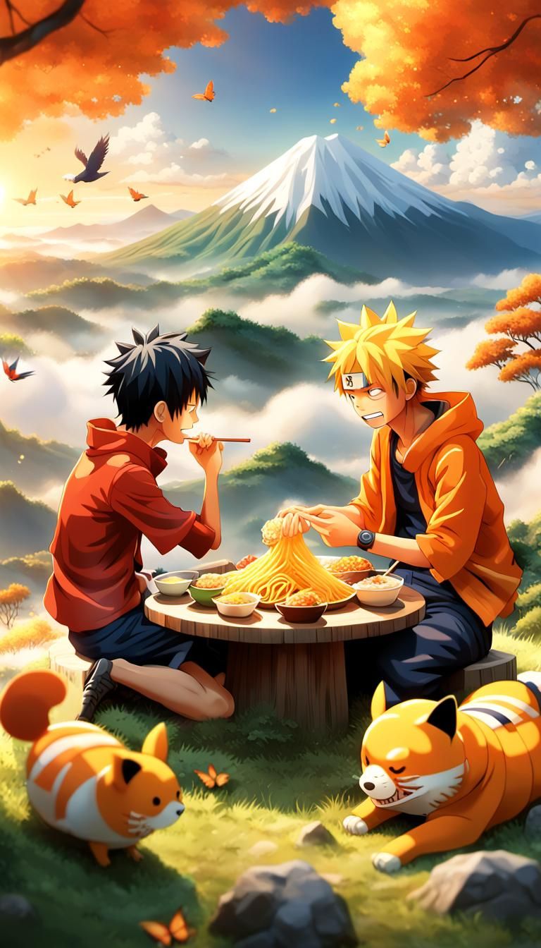 Luffy and Naruto Enjoying Meal Near Mountains