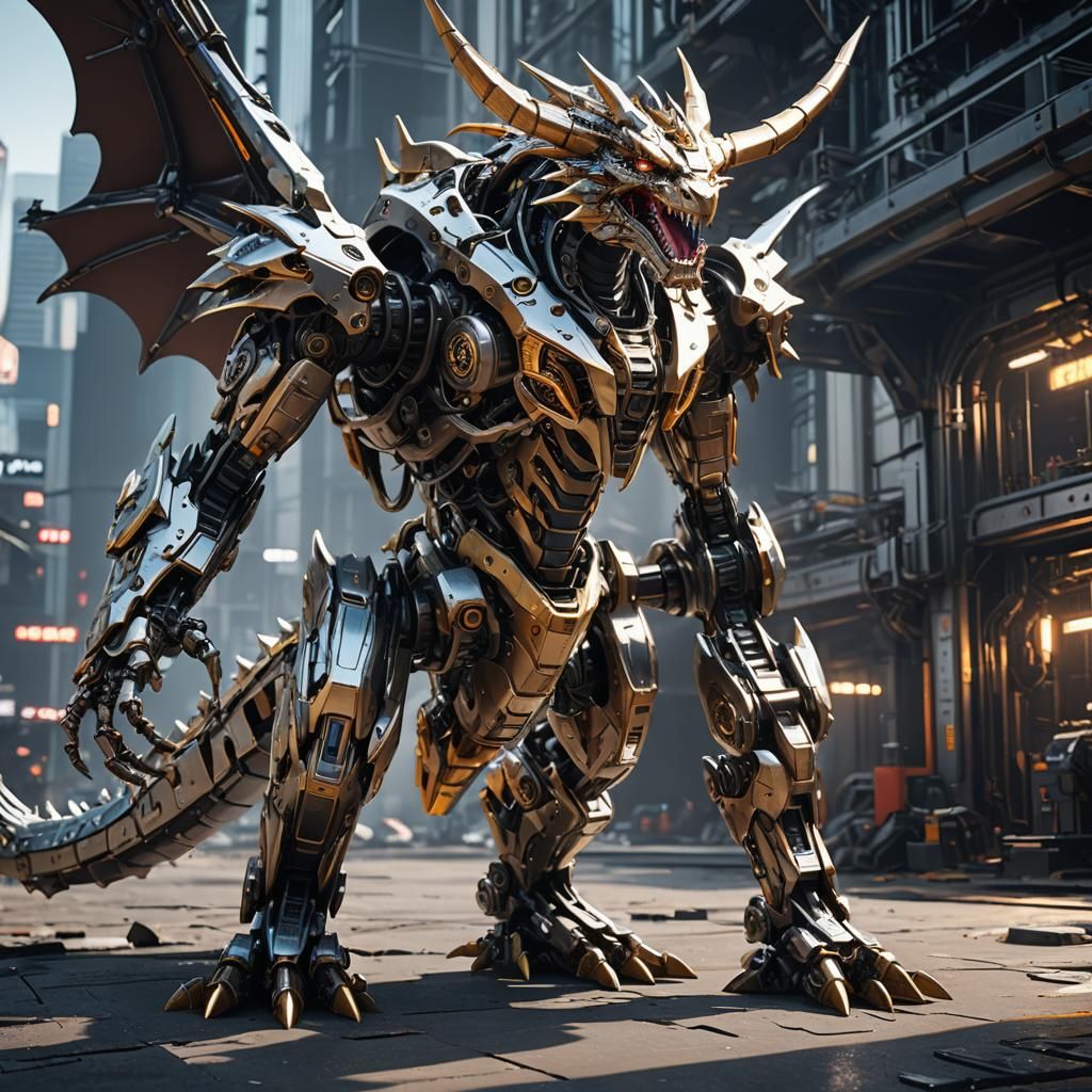 Futuristic Mech Dragon in Polished Metal, 8K Render