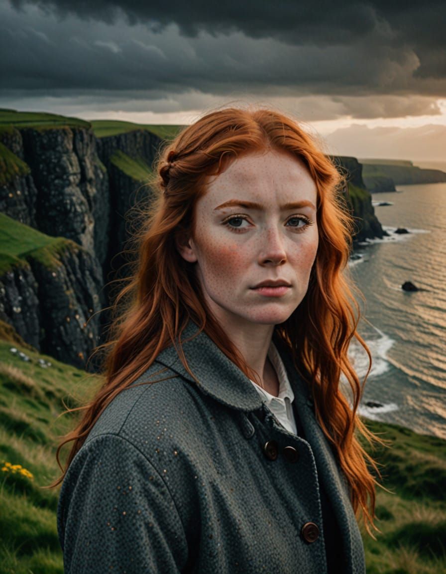 Ginger-Haired Irish Woman Contemplates the Irish Sea at Suns...