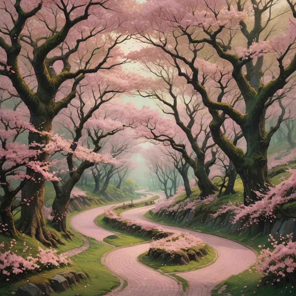 Cherry Blossom Road in Fantasy Landscape