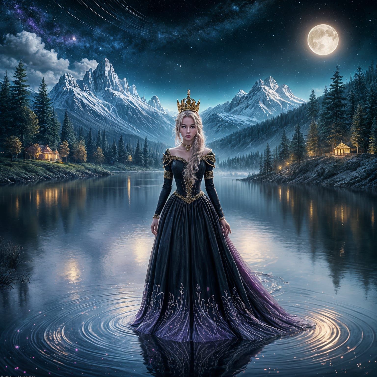 Princess with Amethyst Crown at Night Lake