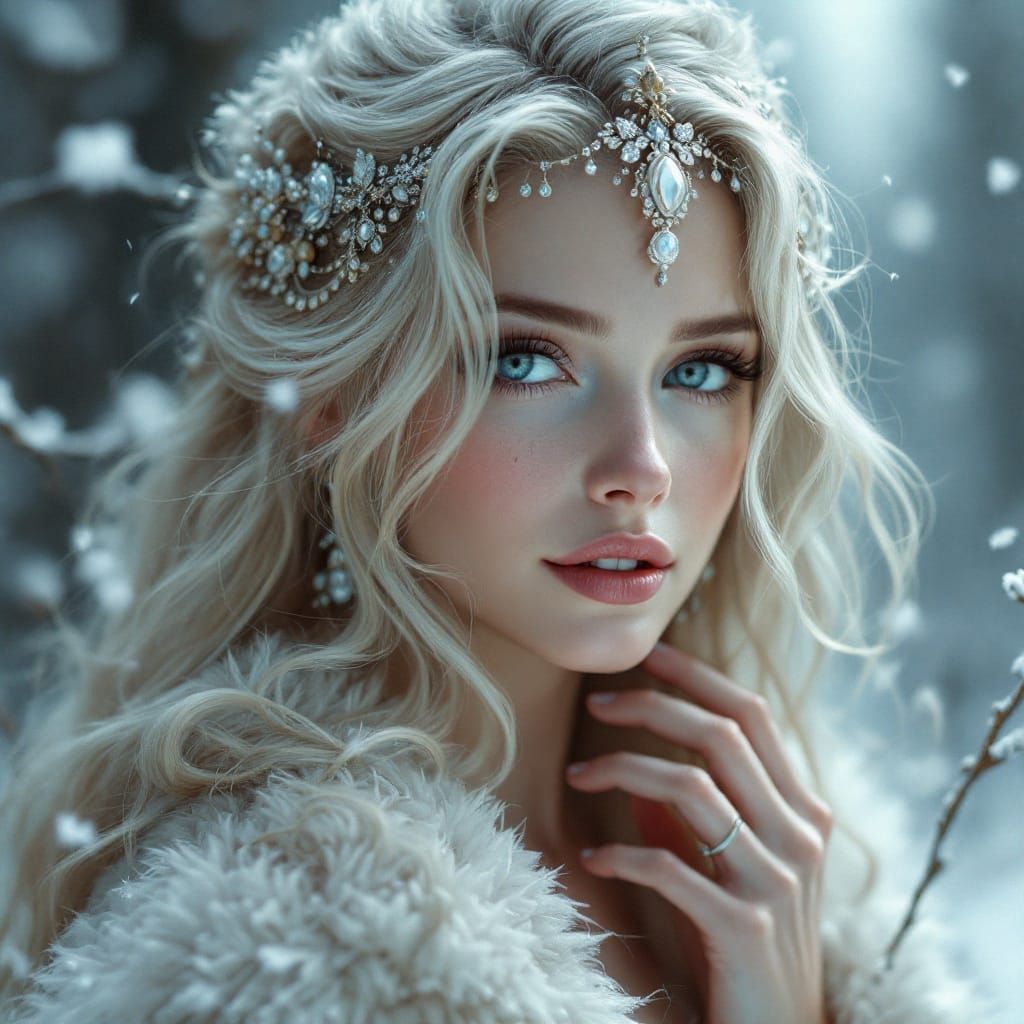 Ethereal Fantasy Portrait of a Blond Woman in a Snowy Forest