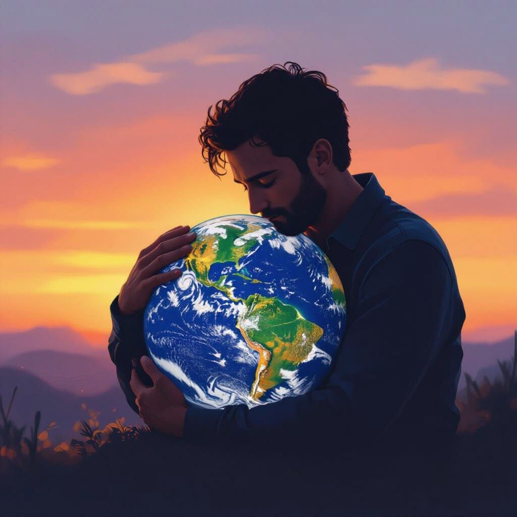 Man Hugs Earth in Tender Sunset Glow