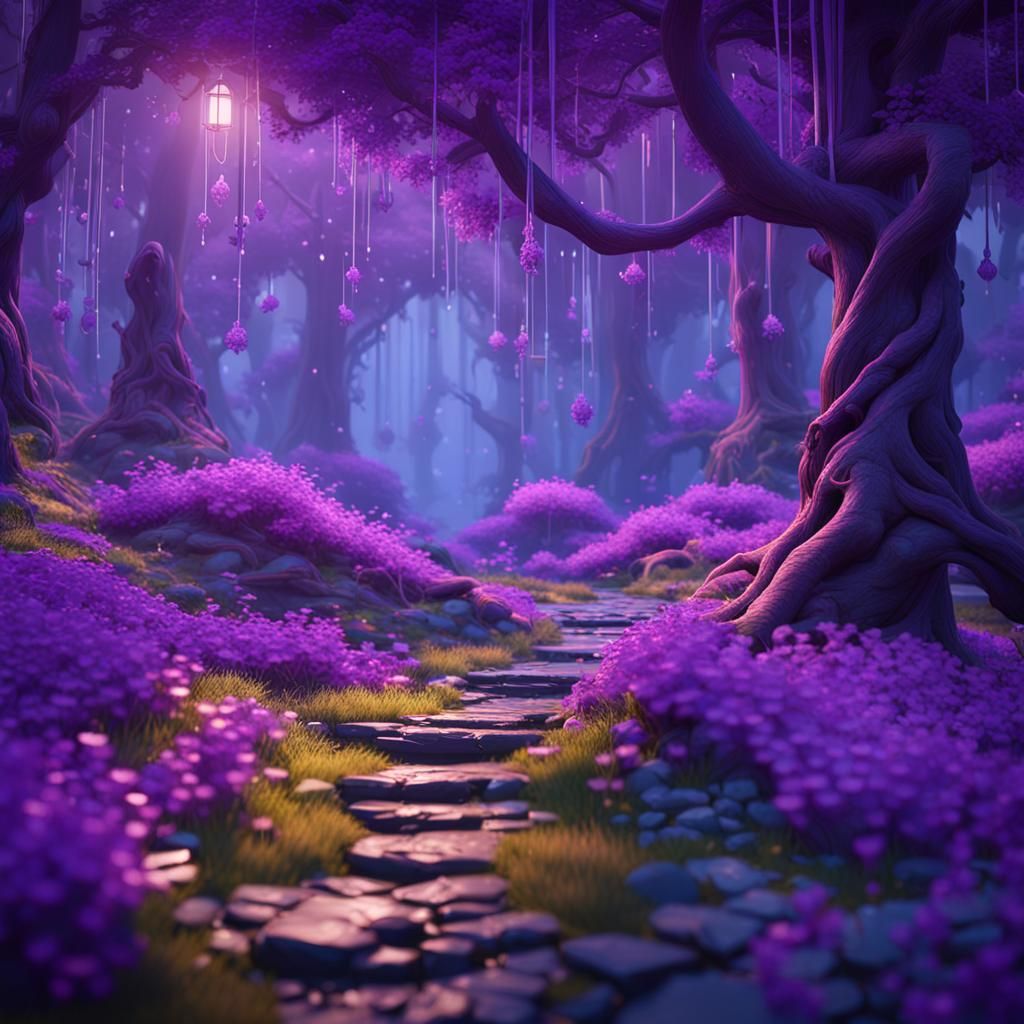 Purple Forest with Lianas in 3D Game Style