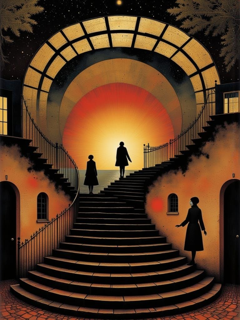 Golden Staircase to Celestial Skies in Vibrant Surrealism