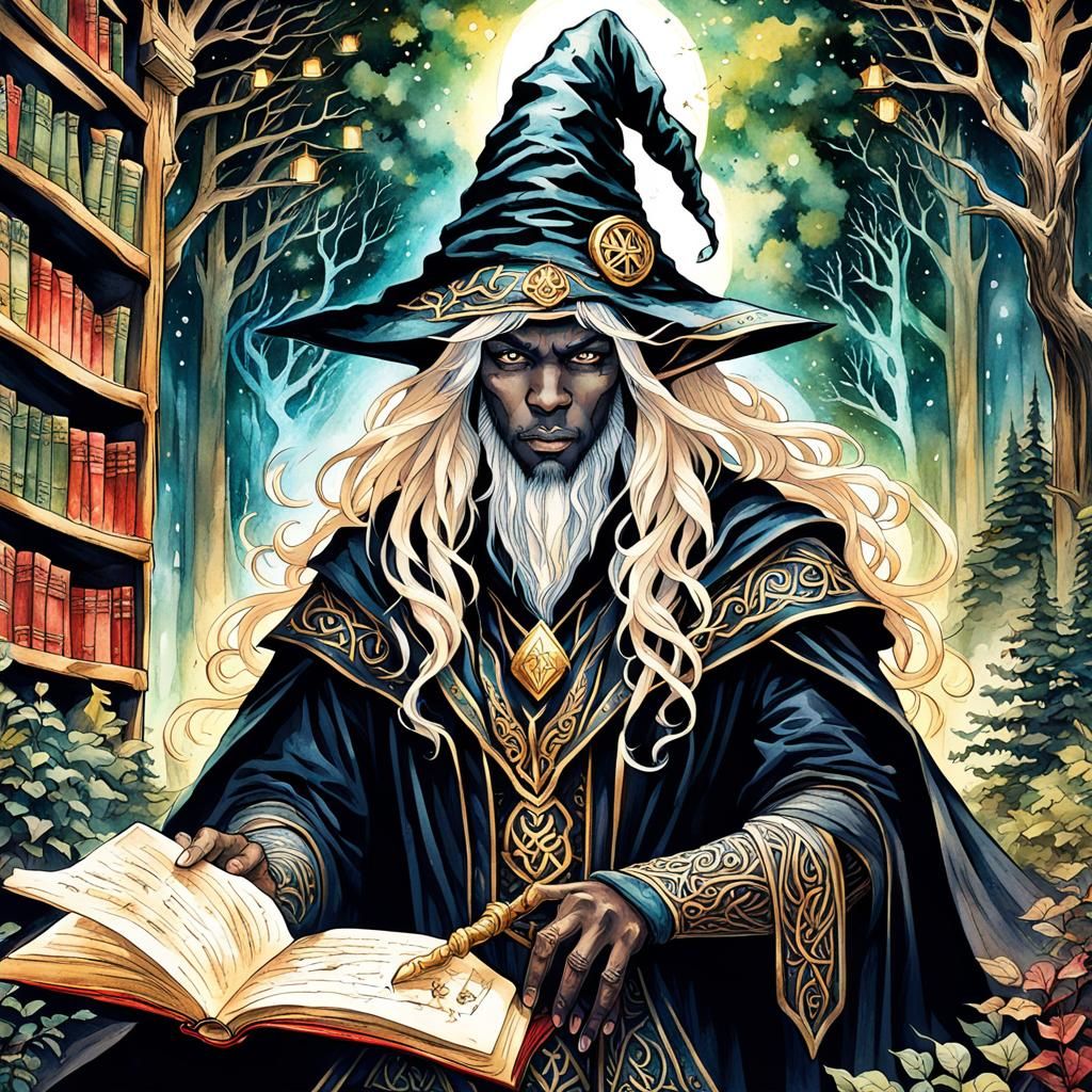 Gothic Drow Wizard in Lush Forest, Watercolor
