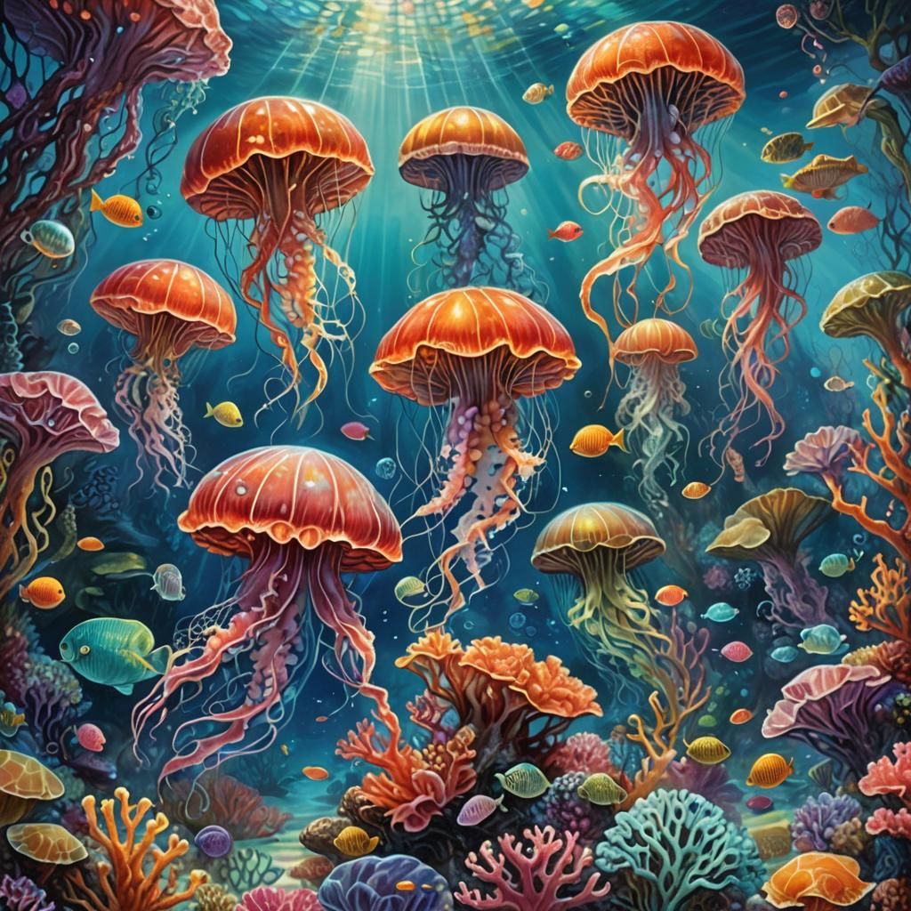 Whimsical Underwater Scene with Coral Reefs and Piranha