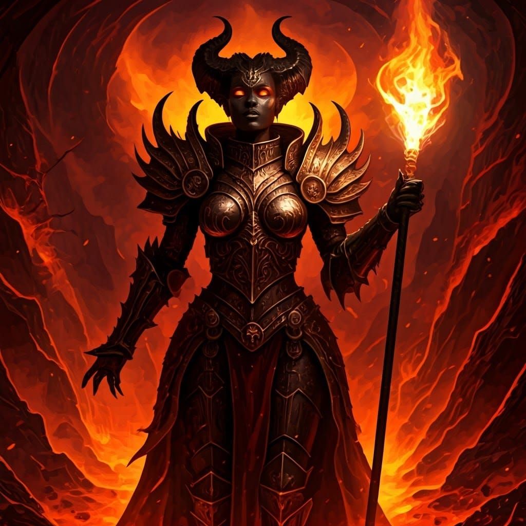 Dark Fantasy Portrait: Powerful Armored Woman in Hellscape