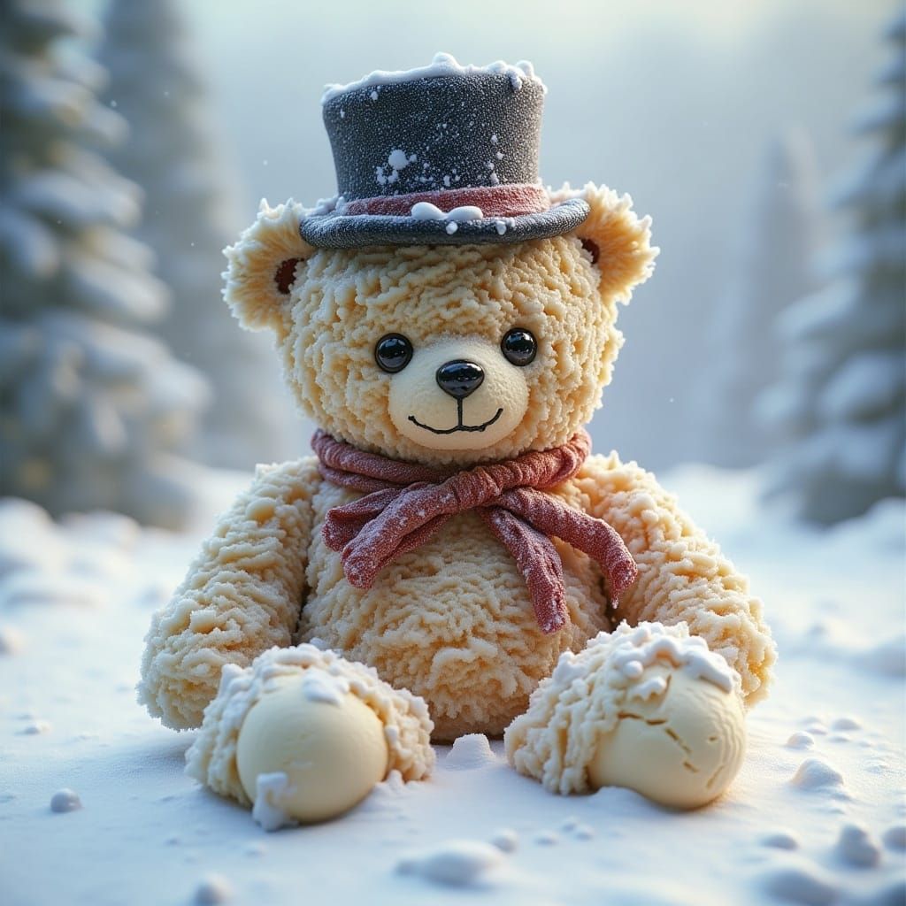 Teddy Bear in Top Hat on Snowbank