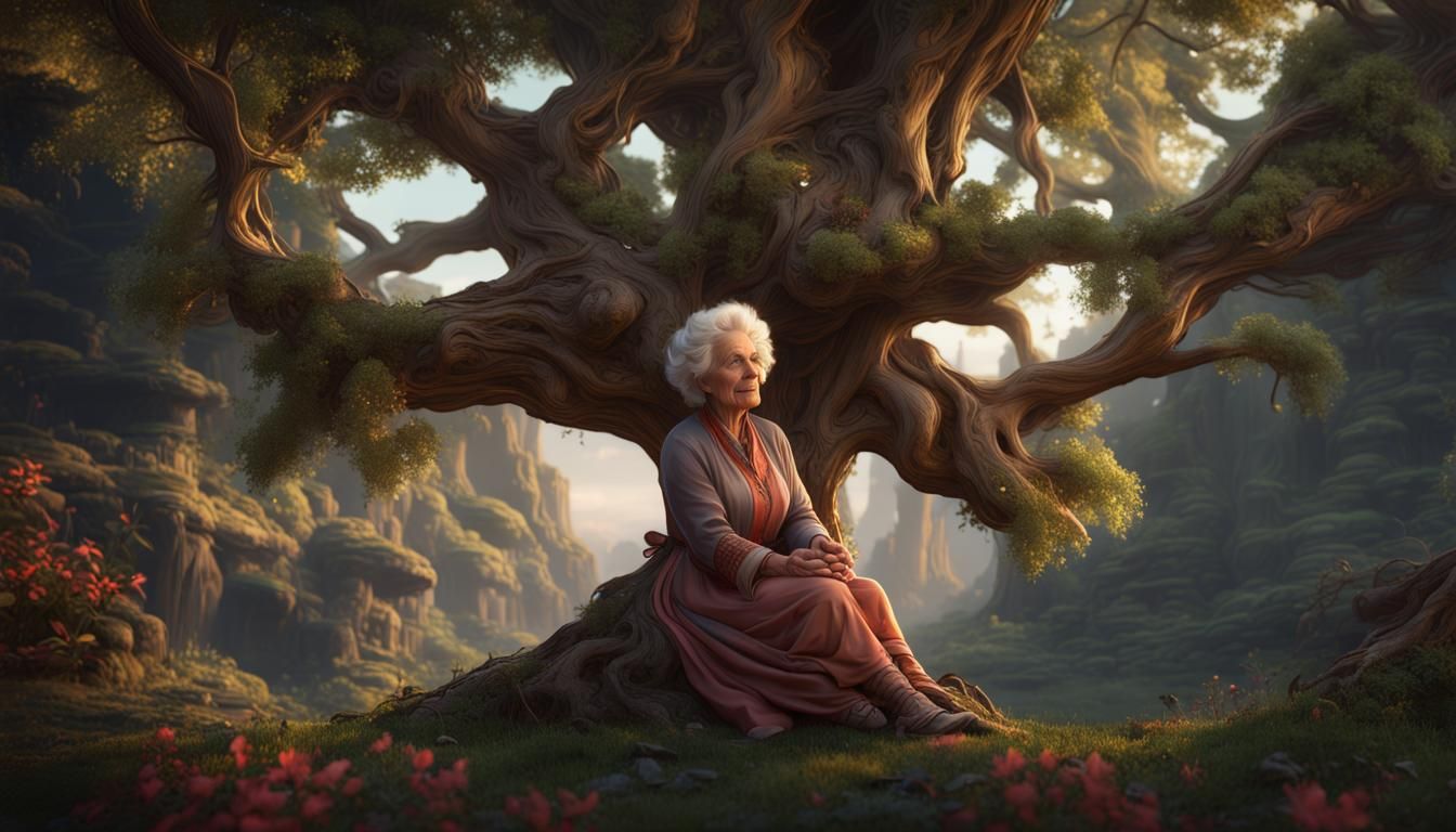 Wise Woman Beneath the Tree: Fantasy Concept Art