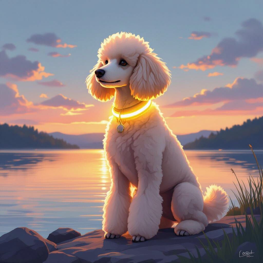 Bioluminescent Poodle Overlooking Lake at Dusk