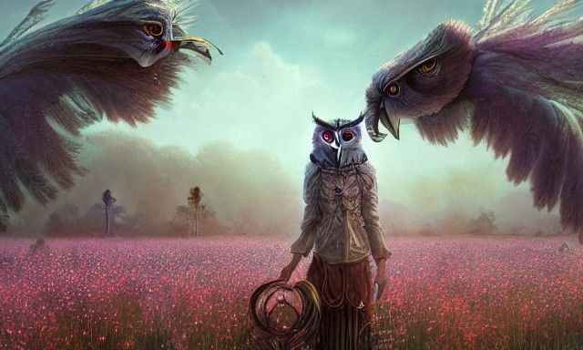 Ethereal Owl-Horse Hybrid in Post-Apocalyptic Twilight