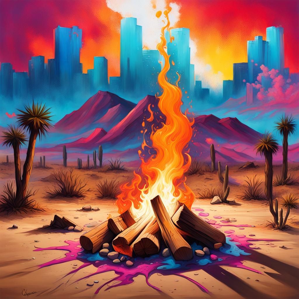 Desert Campfire in Graffiti Splash Art Style