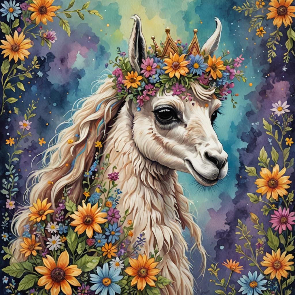 Whimsical Llama Fantasy Creature with Floral Crown