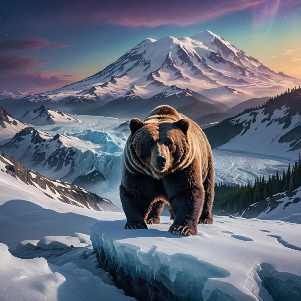 Bear on Mount Rainier Glacier: Hyper-Realistic Art