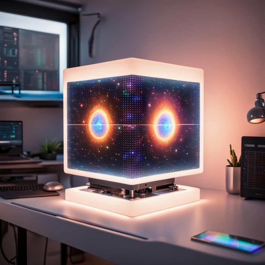 Glowing Cube on High Tech Desk with Solar System