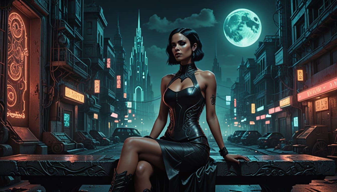 Dominican Woman in Gothic Dress with Neon Tattoos