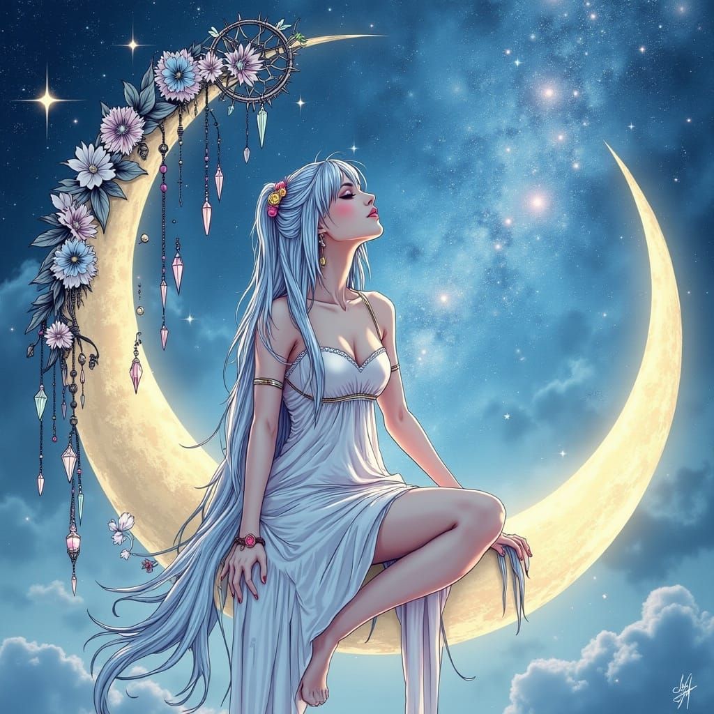 Celestial Goddess on a Glowing Crescent Moon