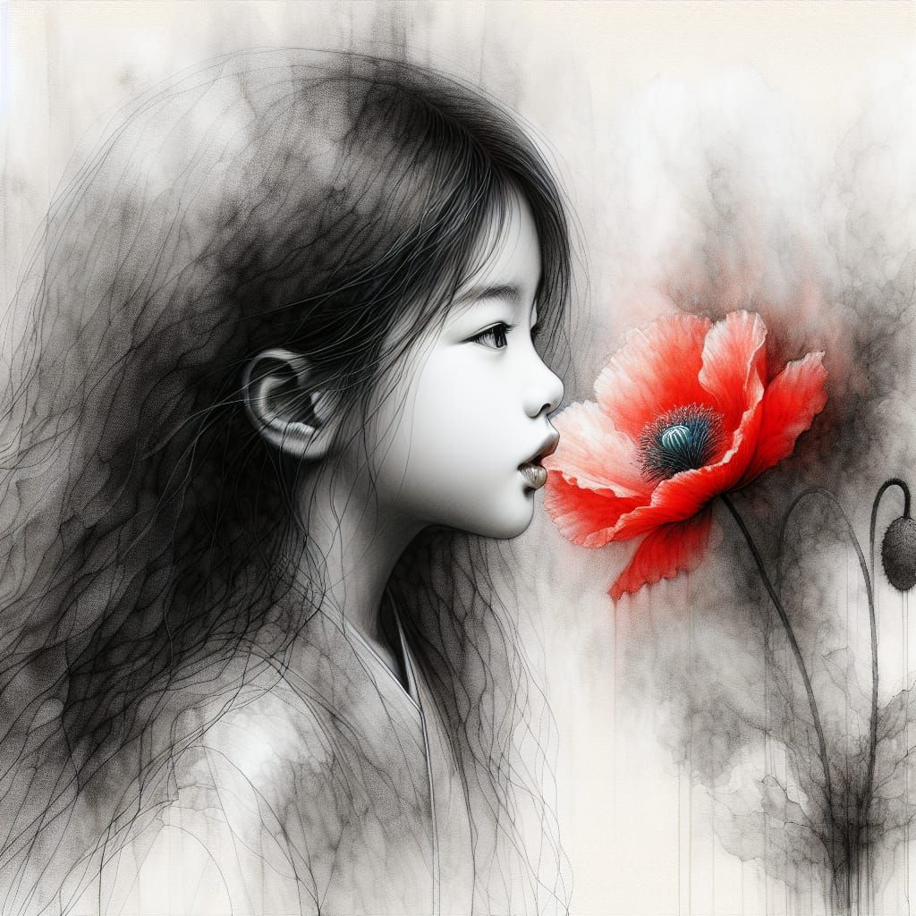 East Asian Girl Kissing a Crimson Poppy in a Dreamy Landscap...
